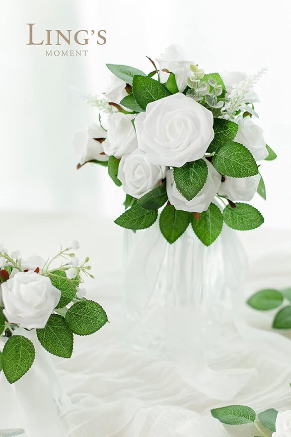 Ling's moment 1.5/2 inch Artificial Rose White Buds and Petite Roses w/Stem Pack of 25 for DIY Wedding Boutonniere Corsages Bouquets Centerpieces Decorations