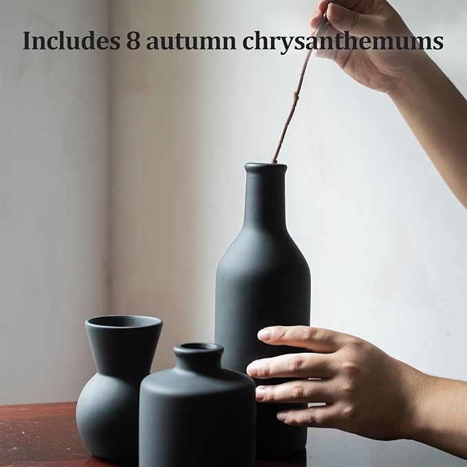 Ceramic Flower Vase Set of 3, Fake Flowers in Vase for Centerpieces with 8 Artificial Autumn Chrysanthemums Artificial Decorative Swags