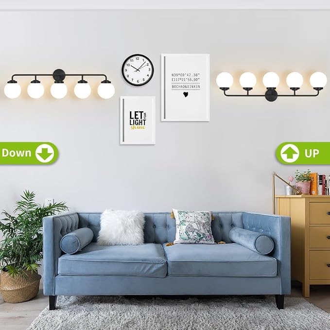 Bathroom Light Fixtures Over Mirror, 5-Light Matte Black Vanity Lighting with Milk White Glass Globe Shades Modern Wall Sconce