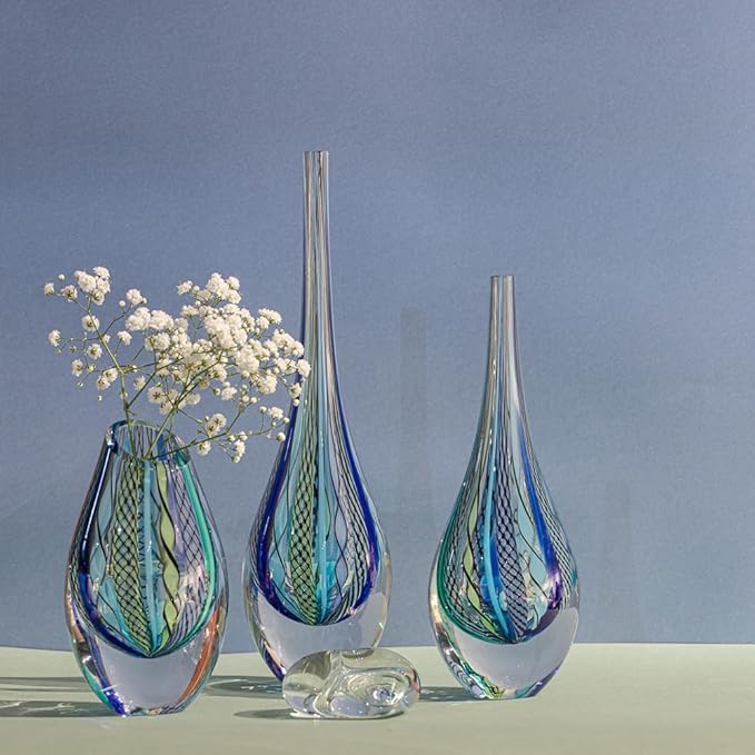 Ca D Oro Small Drop Glass Vase Boho with Blue/Green Canes Hand Blown Murano-Style Art Glass - Model Tall