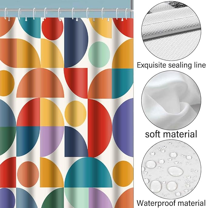 Vintage Colorful Rainbow Mid Century Shower Curtain Modern Abstract Geometric Art Bathroom Curtain Decor 72x84 Inch Washable Fabric Bright Retro Boho Circle Patterned Bath Curtain with 12 Hooks