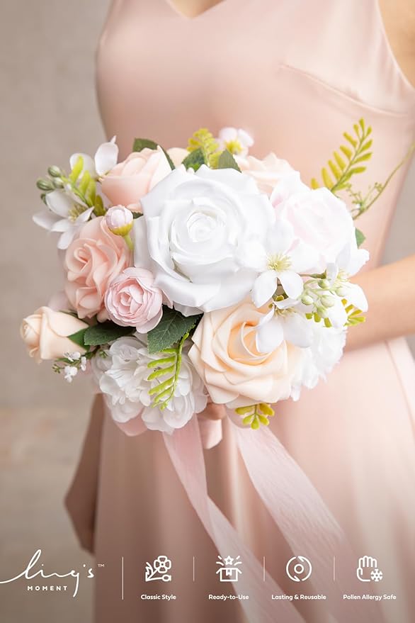 Ling's moment Blush Pink & White Bridesmaid Bouquet, Wedding Bouquets for Bridesmaids, 7 Inch Bridal Bouquets for Bridesmaids, Wedding, Ceremony, Anniversary, etc.