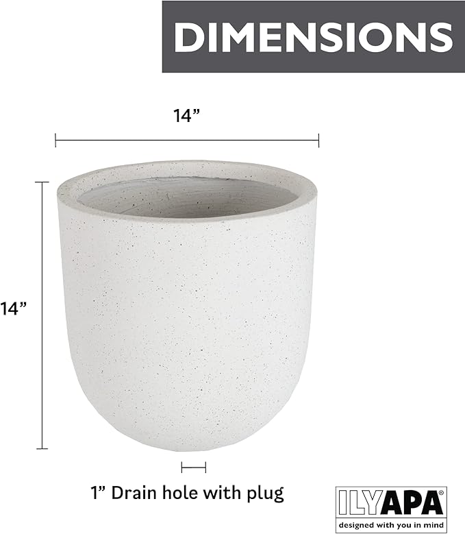 Ilyapa 14x14 inch Modern Concrete Outdoor Planter, Large Indoor Plant Pot with Drainage - Cement Vase 14 Inch Pots for Plants, Indoor/Outdoor