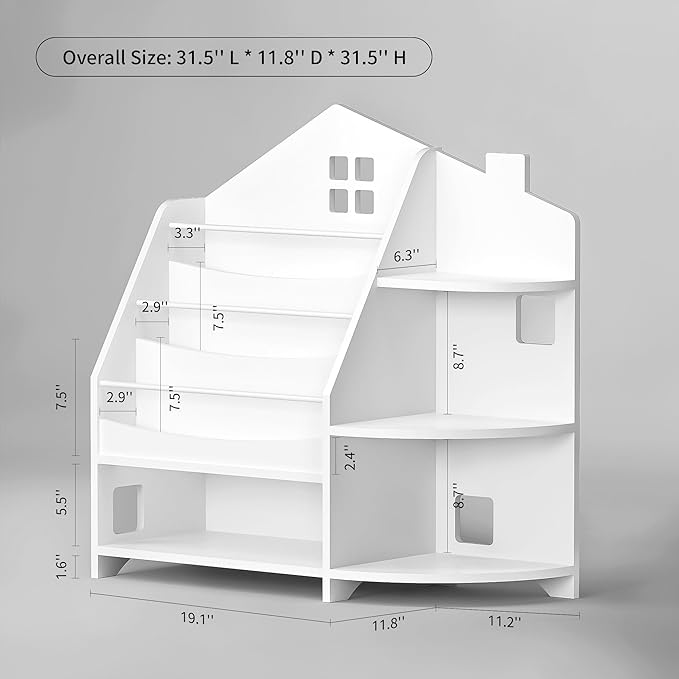3 Tier Kids Bookshelf Bookcase, House Shape Book Shelf for Kids Rooms Nursery, Montessori Bookshelf, Kids Book Shelf and Toy Storage for Toddler Children, White