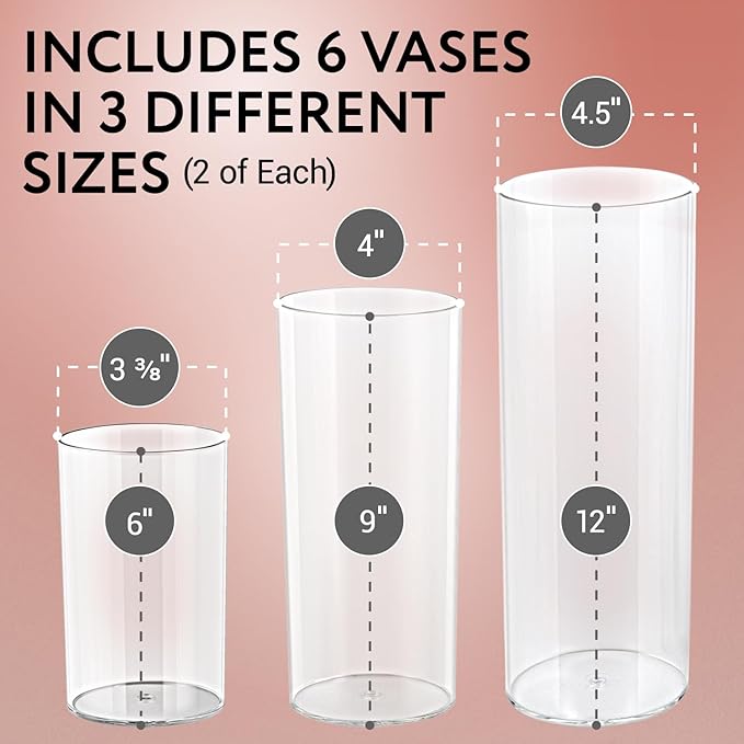 Impresa Clear Acrylic Cylinder Vase Set - 6", 9" & 12", Pack of 6 Shatterproof Plastic Vases - Wedding Centerpiece Decor - Versatile Floral Display & Home Decor