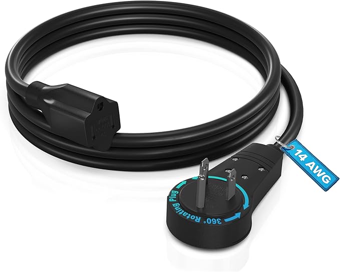 Maximm Extension Cord 3 Feet – 360° Rotating Flat Plug, 3-Prong Grounded Power Cable – UL Certified, 13A 125V, Heavy Duty 14AWG Wire – Ideal for Tight Spaces Behind Furniture – Black