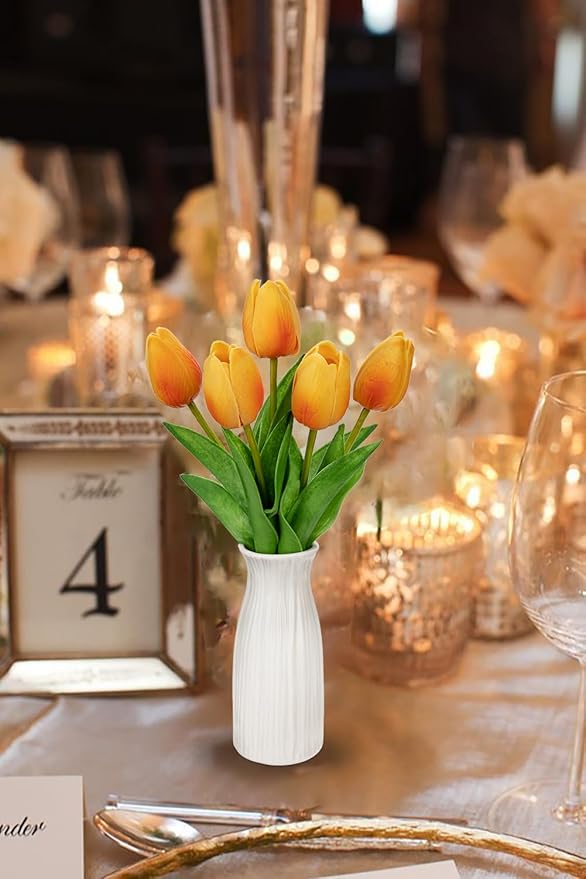 Briful 2 Packs Faux Flowers Artificial Tulips with Ceramic Vase, Poly Foam Orange Tulips Real Touch Flower Arrangement for Home Kitchen Wedding Centerpiece Decoration