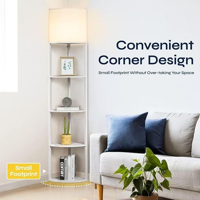 Corner Floor Lamp with Shelves, Tall Corner Lamp with Fabric Shade, Modern Torchiere Lamp for Living Room, Bedroom, Office, Corner Display Shelf with Light, Home Decor, White