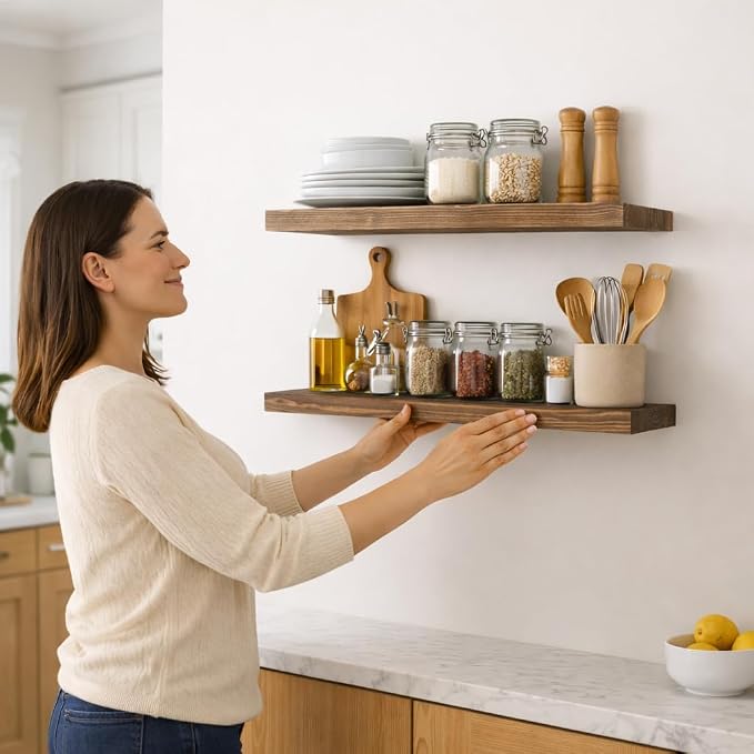 BGMG Wood Floating Shelves for Wall 24 inch Set of 2, Rustic Wooden Wall Mount Shelves for Bathroom Living Room Bedroom Kitchen Farmhouse -24x6.7-Dark Walnut