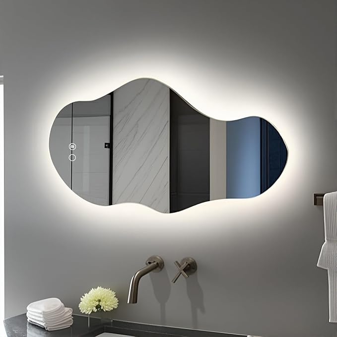 Modern Irregular LED Bathroom Mirror with Lights, Asymmetrical Frameless Smart Lighted Wall Mirror for Living Room Entryway, Large Decorative Makeup Vanity Mirror with Touch Switch(20.5″x35.8″)