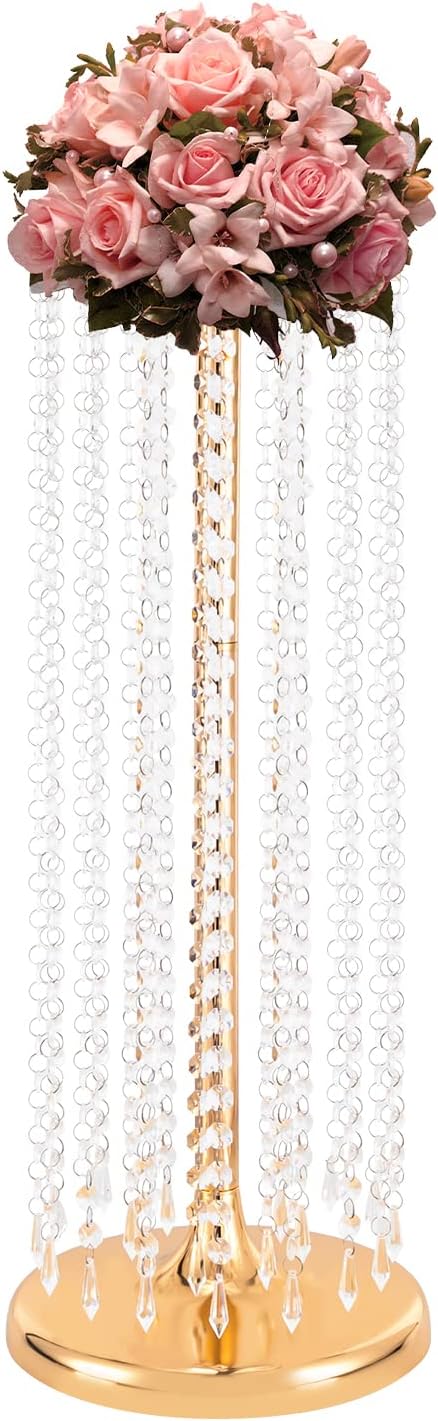 10 Pcs 23.6In Tall Crystal Flower Vase, Acrylic Crystal Flower Vases Metal Flower Stand for Wedding Reception and Event Centerpieces 9.4 x 9.4 x 23.6 Inch Gold