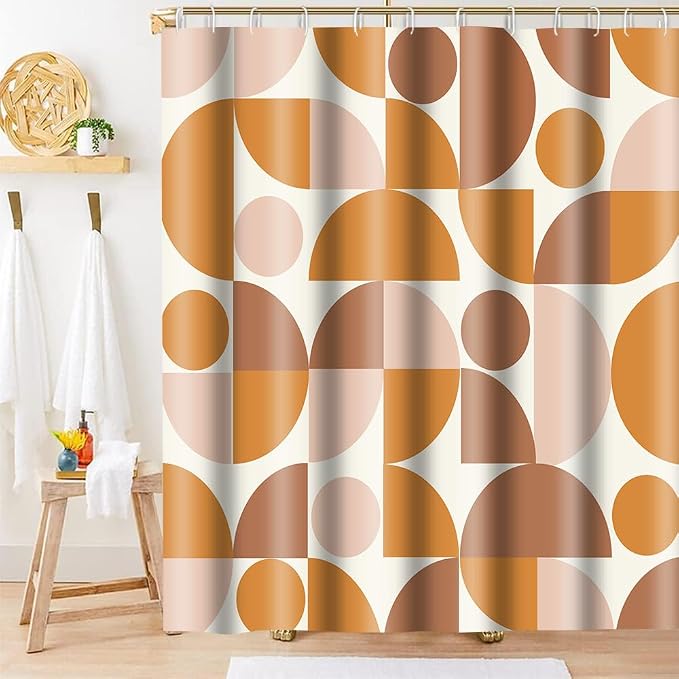 Vintage Orange and Beige Mid Century Modern Shower Curtain Boho Abstract Geometric Art Shower Curtains for Bathroom Decor 72x72 Inch Colorful Unique Pattern Washable Fabric Bathroom Set with 12 Hooks