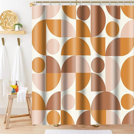 Vintage Orange and Beige Mid Century Modern Shower Curtain Boho Abstract Geometric Art Shower Curtains for Bathroom Decor 72x72 Inch Colorful Unique Pattern Washable Fabric Bathroom Set with 12 Hooks