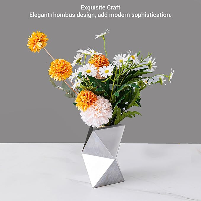 304 Stainless Steel Vase Compact Exquisite Craft Rhombus Design Modern Tabletop Flower Vase for Home Living Room Dinning Room Studio