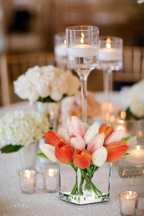 DILATATA Artificial Tulips in Vase with Faux Water 5.5" Real Touch Mixcolor Flowers Fake Tulips Small Flowers Arrangement in Cube Glass Vase for Mother's Day Table Centerpiece Wedding Home Decor