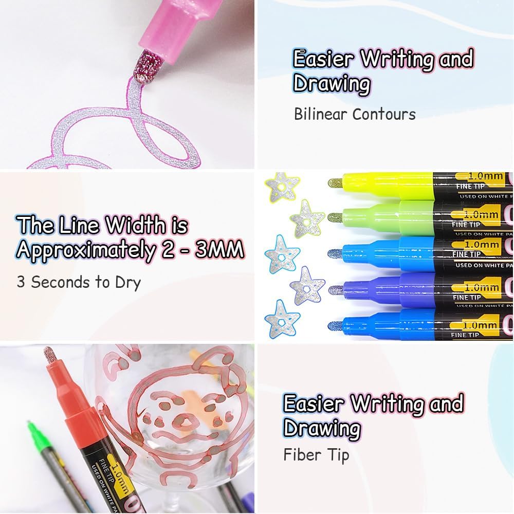 Skiennix Dual-Line Highlighter Marker Set - 12 Metallic Paint Markers for Black Paper & Scrapbooking