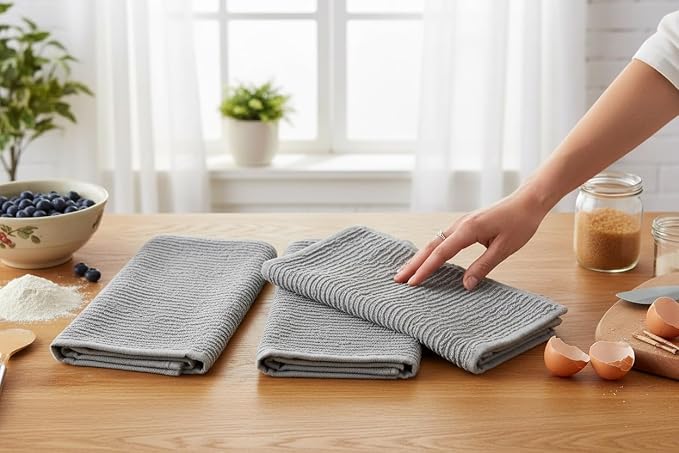 Serafina Home Light Grey Gray Kitchen Hand Dish Towels: Oversized 28" x 18", 100% Cotton Cloth Soft Cleaning Drying Absorbent Ribbed Design, Set of 3 Multipurpose for Everyday Use