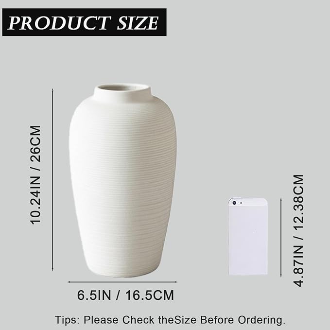 Large Ceramic Vase, 10.24 inch Minimalist Vase for Home Decor, Handmade Farmhouse Flower Vase for Table Centerpiece, Wedding, Living Room, Kitchen Decoration, Shelf Decor (Rice White)