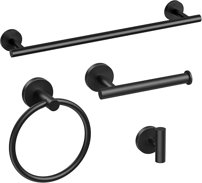 Matte Black Towel Bar Set, 24 Inch Bathroom Hardware Set, Wall Mounted Bathroom Towel Holder Set, Modern Bathroom Accessories, Durable SUS304 Stainless Steel, 4-Piece