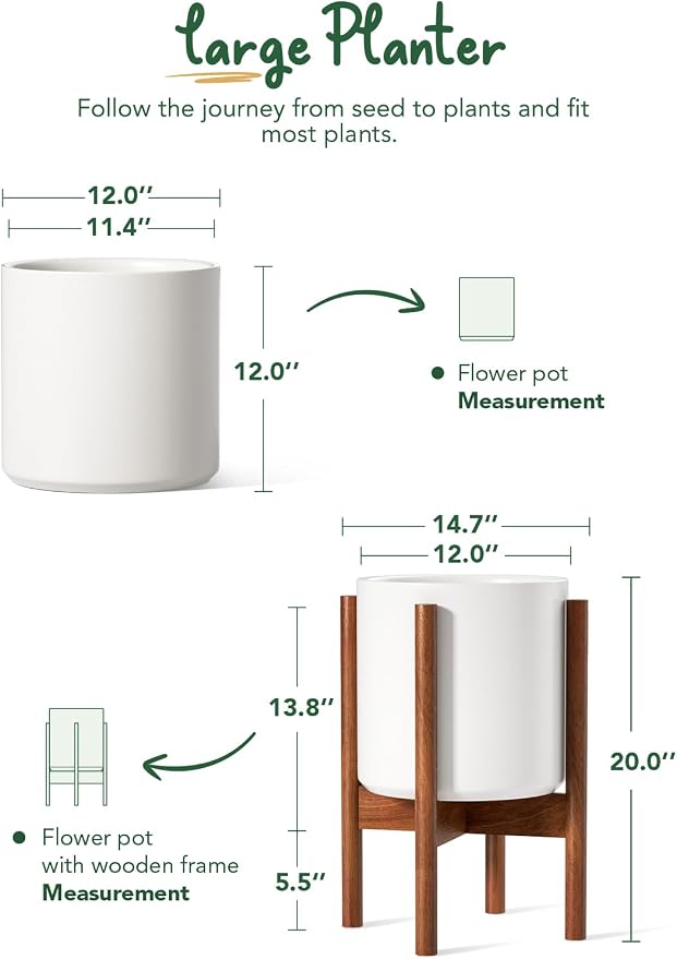 LE TAUCI 12 Inch Planter with Acacia Wood Stand, Large Ceramic Indoor Plant Pot with Drainage Hole & Plug, Mid Century Modern Plant Holder for Fiddle Leaf Fig, Monstera, Snake Plant, White
