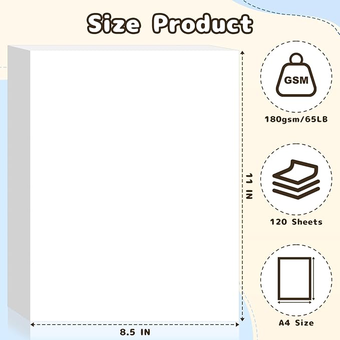 120 Sheets Cardstock 8.5x11, 65lb White Card Stock, White Construction Paper, 180gsm Thick Printer Paper for Printing, Painting, Card Making, Kids School Supplies,Party Decorations