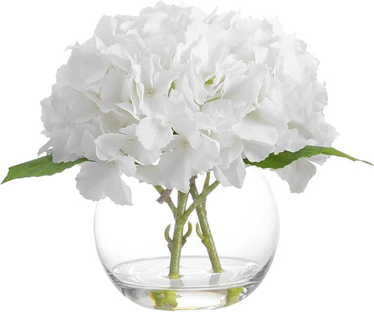 White Hydrangea Artificial Flower with Vase Fake Flower in Glass Vase with Faux Water for Home Bathroom Office Table Centerpiece Shelf Decorations Flowers