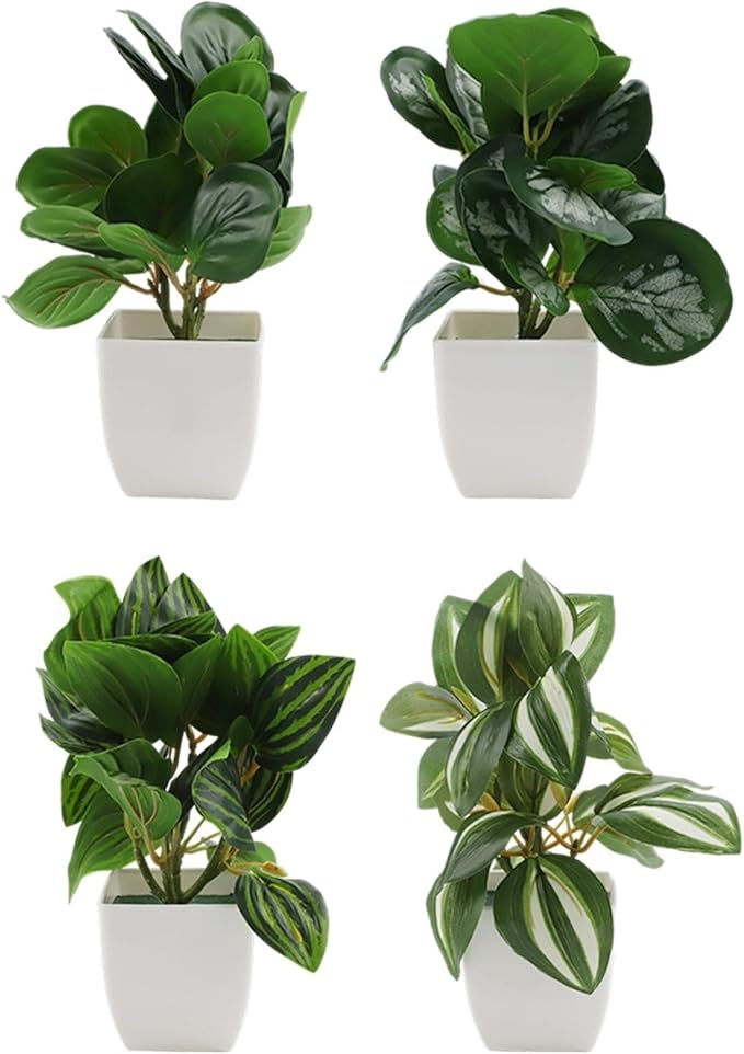 FABULETTA Artificial Potted Plants Set of 4 Small Faux Greenery for Indoor Home Decor, Realistic Plastic Mini Plants for Living Room, Bedroom, Kitchen, Office Shelves