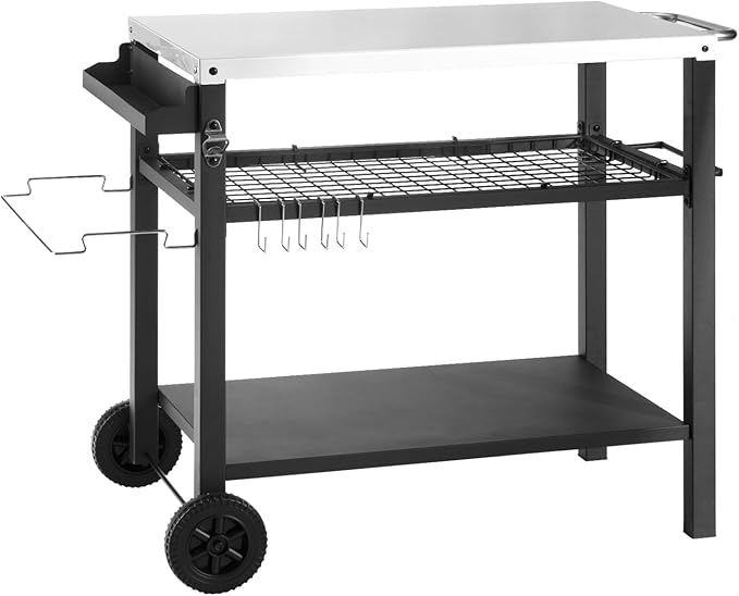 DNKMOR Dining Cart Table with Three Shelf, Movable Outdoor BBQ Grill Table Pizza Oven Stand with Three Hooks, Kitchen Cart Island Multifunctional Food Prep Table for Inside and Outside (Sliver)