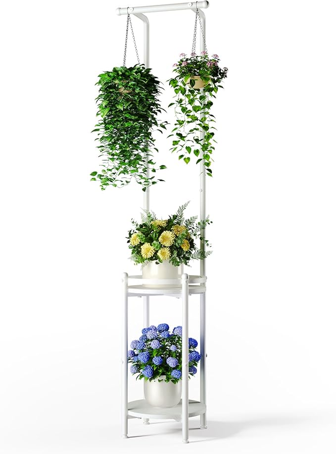Homsorout Plant Stand Indoor Outdoor - Heavy Duty Metal 2-tier Hanging Plant Holder Space-Saving Iron Plant Stands Tall Plant Shelf for Living Room Garden Balcony (White)