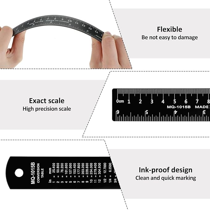2Pcs 6 Inch 15cm Metal Ruler Set, Stainless Steel Metric Rulers with Centimeters Millimeters Inches, High Contrast Measuring Ruler for School Geometry Office Crafting(Black)