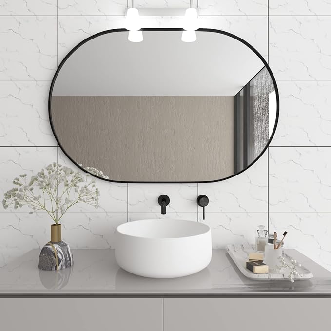 Oval Bathroom Mirror Capsule Wall Mirror, 24"x36" Black Vanity Wall Mounted Mirror, Large Modern Pill Mirrors with Metal Frame, Decor for Entryway, Bedroom, Living Room