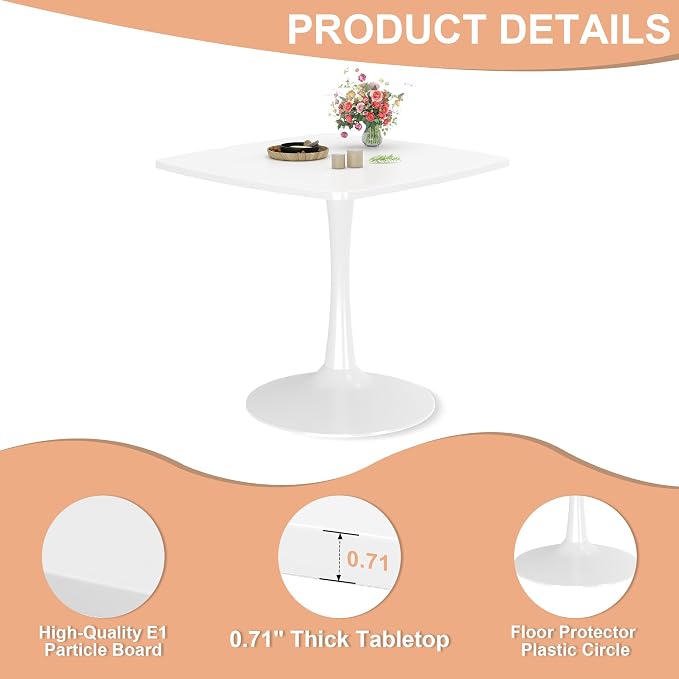Recaceik Square Dining Table for 2-4 Person, 32 Inches Tulip Kitchen Table with Pedestal Base for Kitchen & Dining Room Table, Mid-Century Modern in Tulip Tables w/0.71" Thickened Desktop, White