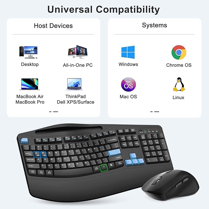 Wireless Keyboard and Mouse Combo, 2.4G Full Size Wave Keys Ergonomic Keyboard with Wrist Rest, Phone Holder, 3-Level DPI Wireless Silent Mouse with 6-Buttons, for Windows, Mac OS, Laptop (Blue Black)