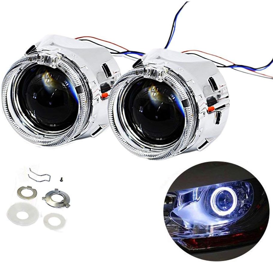 YUFANYA 2.5 Inch H1 Bixenon Projector Lens - Hi/Lo Beam with White Angel Eyes & Chrome Shrouds