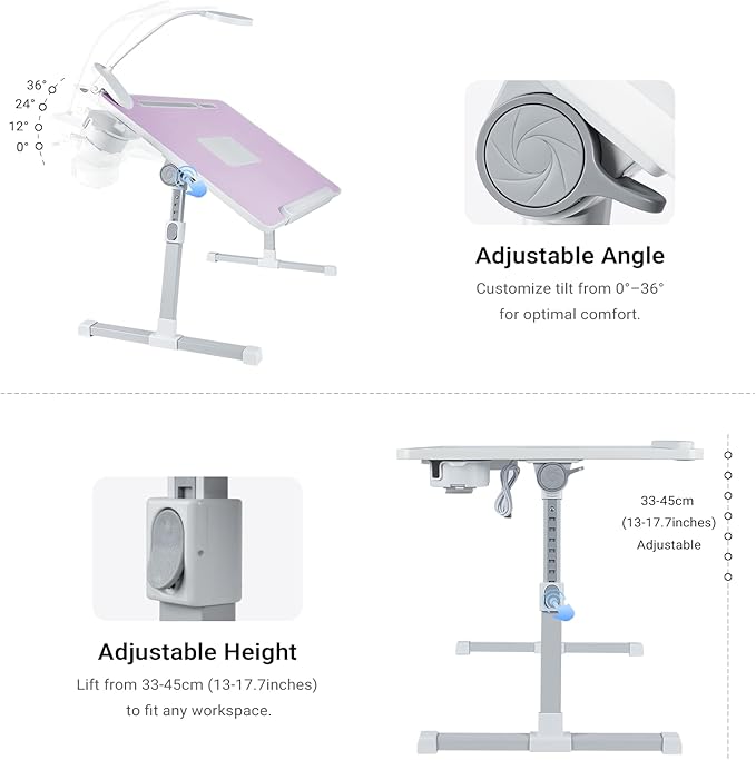 iXTRA Laptop Lap Desk with Cooling Fan - Adjustable Bed Desk with Light, Bed Table with Cup Holder&Phone Holder - Storage Drawer Desk - Folding Bed Desk,Purple,70x45cm