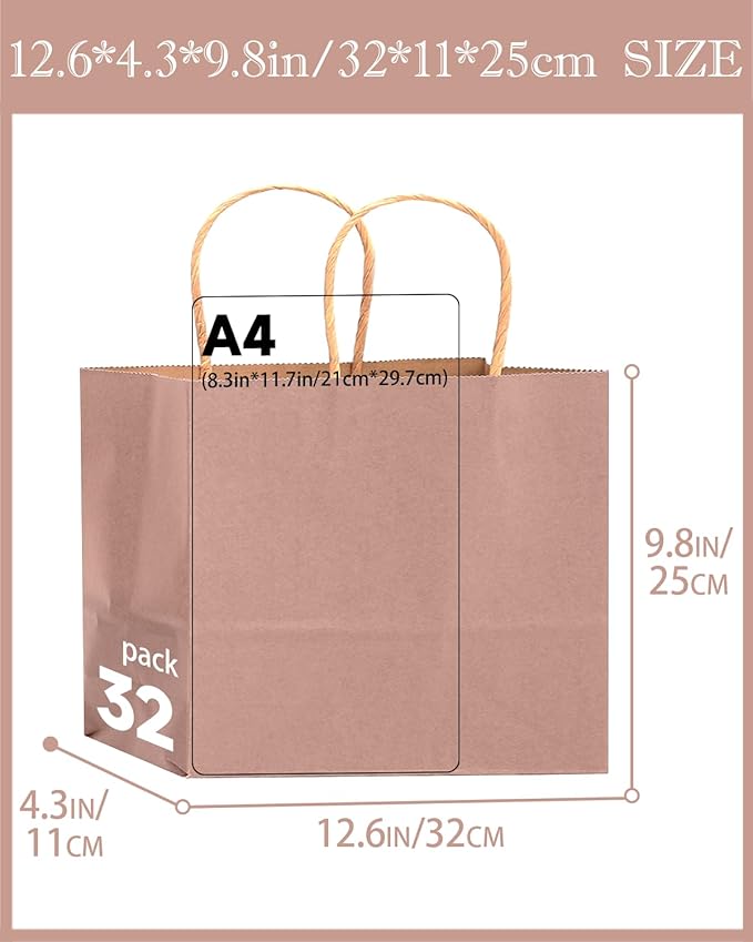 qiqee 13"x4.5"x10" Large Gift Bag with Handles Bulk 32PCS Gift Paper Bags Salmon Bags Multiple Uses (Wide Large)