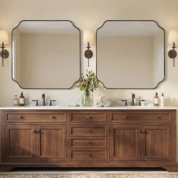 ANDY STAR 30x30 Inch Square Mirror, Matte Black Vanity Mirror, Modern Scalloped Bathroom Mirror in Premium Stainless Steel Metal Thin Frame, Unique Rounded Notched Corners