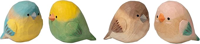 Hand-Carved Wooden Bird Figurines Set of 4 – Rustic Colorful Mini Birds Statues for Farmhouse Tabletop Décor, Cottage Chic Ornaments, Spring Decorations & Gift for Bird Lovers