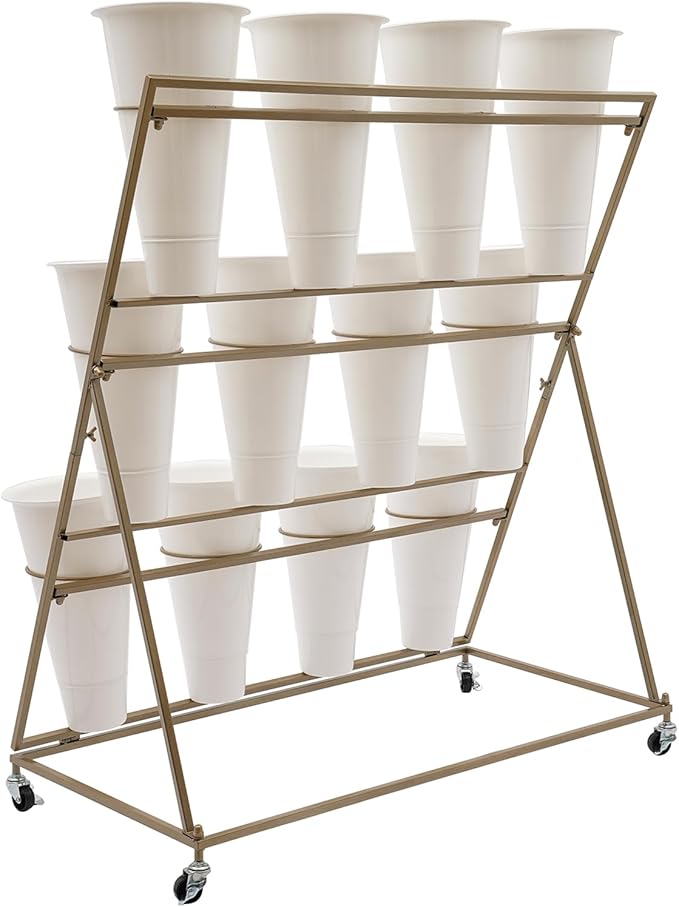 Flower Display Stand with 12 Buckets, 3 Layer Metal Plant Stand Indoor with Wheels, Heavy Duty Moving Flower Cart Flower Rack for Outdoor Patio, Garden, Florist