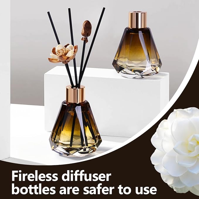 2 Pack 2oz Amber Glass Reed Diffuser Bottles, Diamond Shape with Gold Cap | Faceted glass body, amber gradient tone, polished gold cap, rounded bottle mouth, thickened glass, refillable structure.
