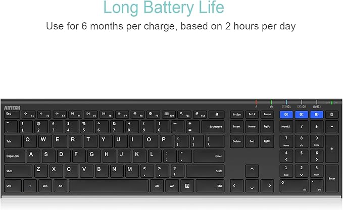 Arteck HB192 Universal Bluetooth Keyboard Multi-Device Stainless Steel Full Size Wireless Keyboard for Windows iOS Android Computer Desktop Laptop Surface Tablet Smartphone Rechargeable Battery
