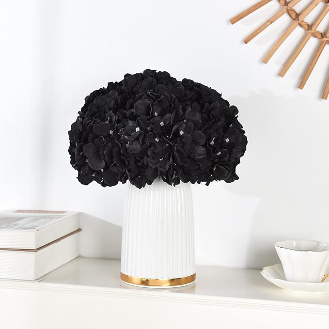10PCS Silk Hydrangea Heads with Stems Artificial Flowers for Wedding Party Home Decor (Black)