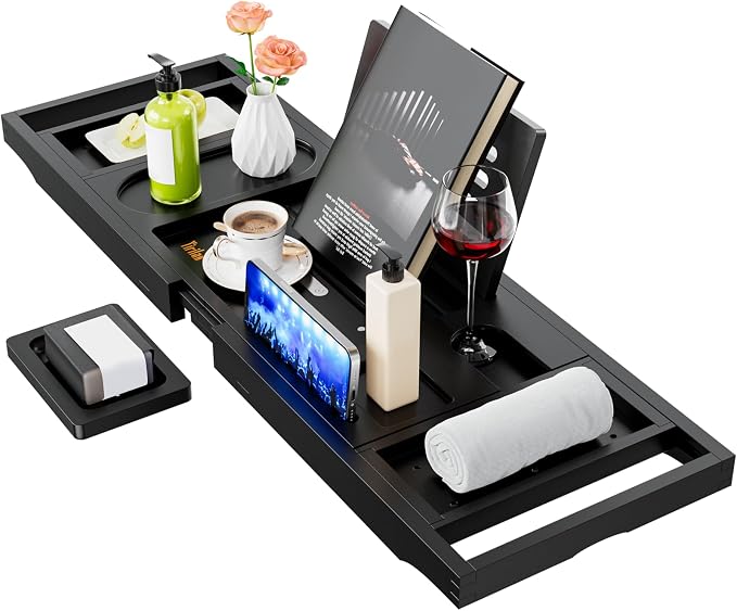 Bamboo Bathtub Tray Caddy,Premium Bathtub Tray Caddy, Expandable Bath Tray,Gifts for Women,Black