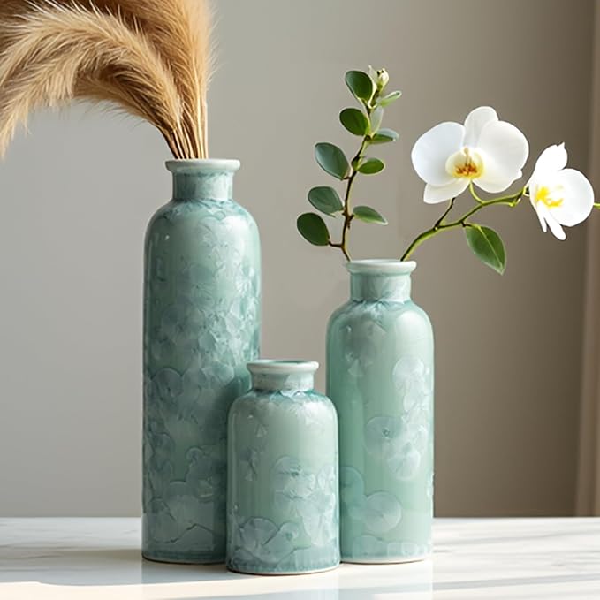 Modern Ceramic Vase Set of 3, Green Crystalline Glaze Colors, Decorative Bottles for Home, Farmhouse Rustic Decor Housewarming Gifts, Wedding Gifts, Birthday Gifts for Women(Crystalline Glaze Green)