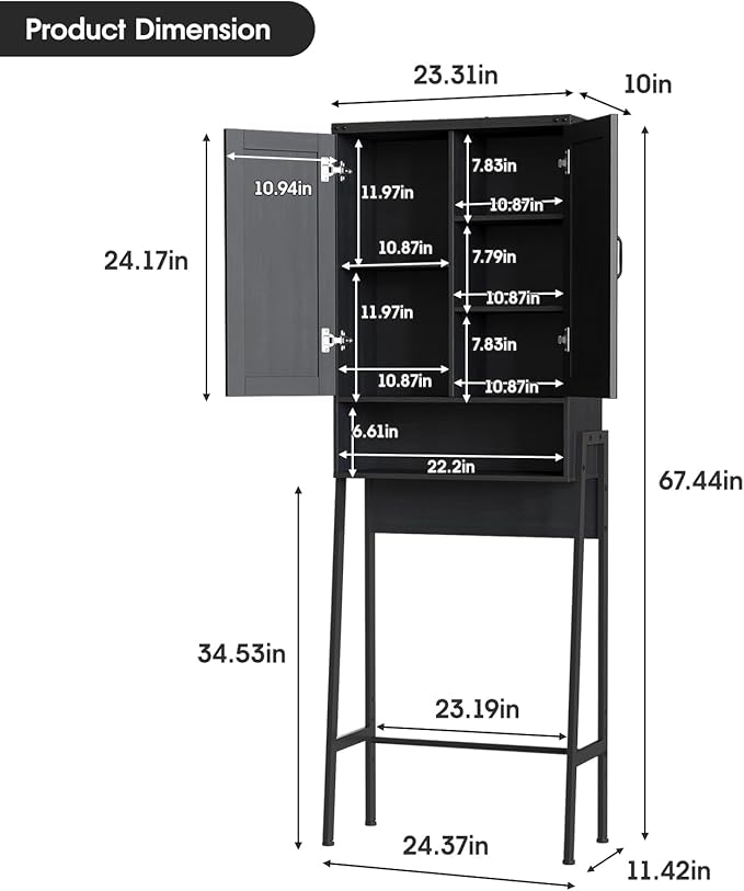 Vabches Over The Toilet Storage Cabinet with 2-Door Design Bathroom Organizers and Storage with Anti-Tip Device Over Toilet Organizer with Shelves for Bathroom,Restroom,Laundry Black