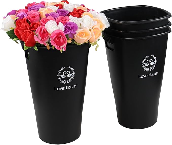 4 Pcs Plastic 15.95 inch High Flower Buckets with Cut-Out Handles, French Rustic Farmhouse for Cut Flowers, Decorative Vases