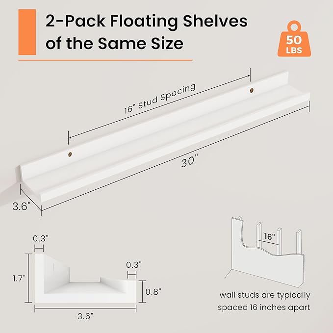 RICHFOCUS Picture Ledge Shelf, 30 inch Floating Shelves Set of 2, Wood Wall Shelves with Lip, Wall Decor Storage for Bedroom Living Room Bathroom Kitchen Nursery Photo Picture, White