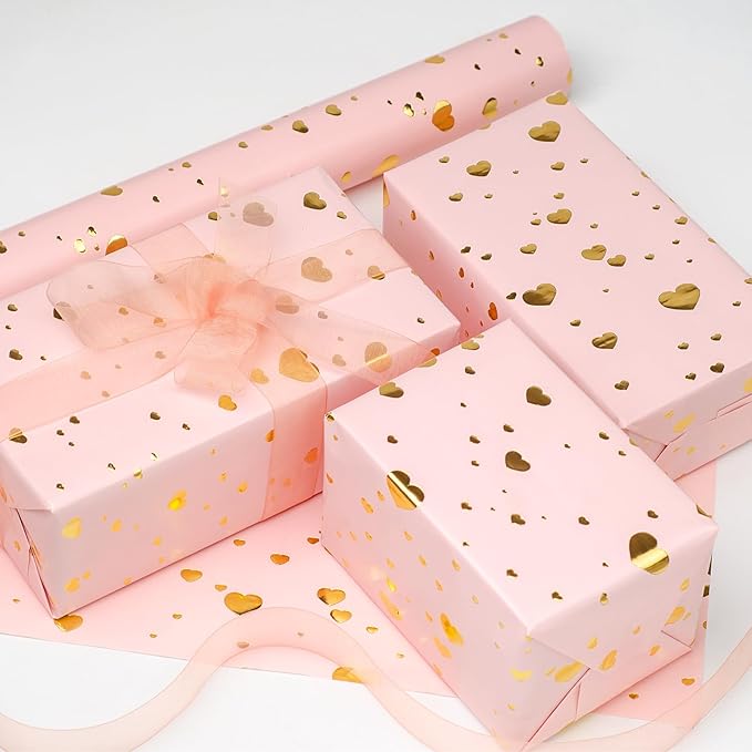 LDGOOAEL Mini Short Wrapping Paper Roll - Reversible Design (17 inches X 32.8 feet) - Gold Foil Hearts on Pink for Valentine's Day