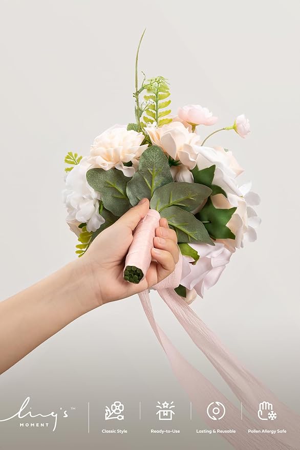 Ling's moment Blush Pink & White Bridesmaid Bouquet, Wedding Bouquets for Bridesmaids, 7 Inch Bridal Bouquets for Bridesmaids, Wedding, Ceremony, Anniversary, etc.