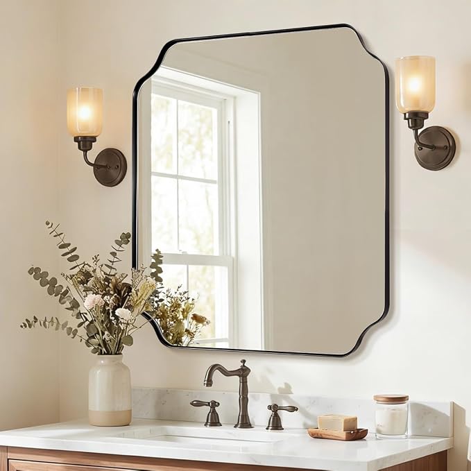 ANDY STAR 24x24 Inch Square Mirror, Matte Black Vanity Mirror, Modern Scalloped Bathroom Mirror in Premium Stainless Steel Thin Frame, Unique Rounded Notched Corners